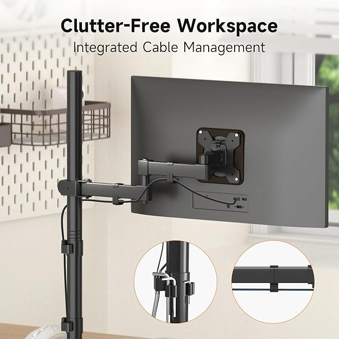 Bracwiser Single Fully Adjustable Standing Height Monitor Arm Stand Mount 800mm Tall for Monitor Computer Screen 13 15 17 19 20 22 23 24 26 27 30 32 inch VESA 75 100 (MD7821)