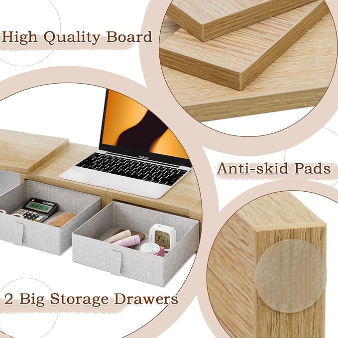 TEAMIX Dual Monitor Stand Riser - Length and Angle Adjustable White Monitor Stand with 2 Drawers to Storage Large Computer Riser for 2 Monitors/Laptop/PC, Wood Screen/TV Stand Desk Organizer (Maple)