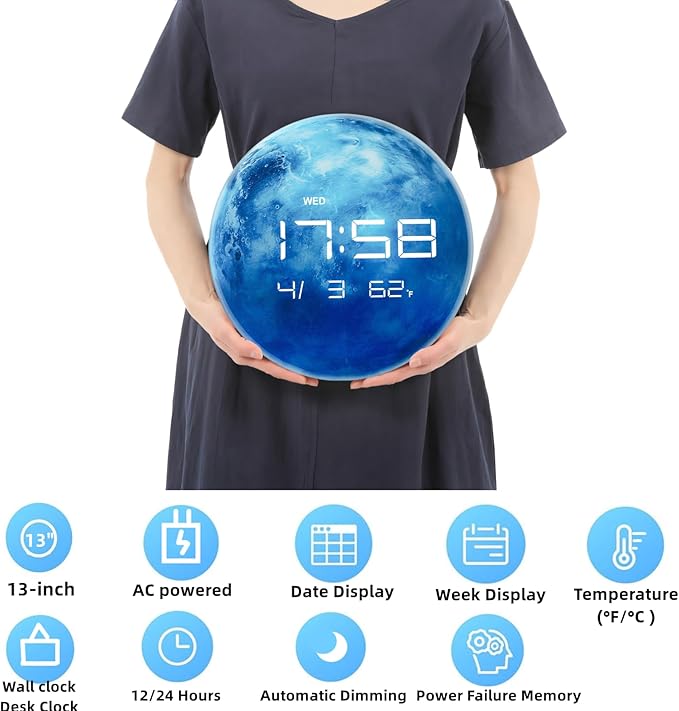 13" Digital Wall Clock with LED Display, Calendar & Temperature, Automatic Dimming, 12/24hr Format, Wall & Desk Use - HUI-7862