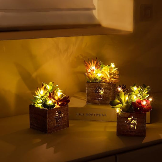 Mingfuxin Succulents Plants Artificial, Small Faux Plants with Lights, Assorted Decorative Fake Succulent Potted for Office Desk Bathroom Bedroom Shelves Windows Room Decor
