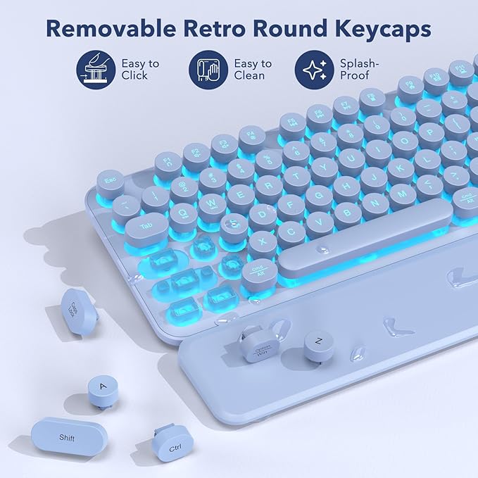 Wireless Keyboard and Mouse Combo, Backlit Round Keycaps, Retro Typewriter Keyboard with Detachable Wrist Rest, Rechargeable & Tilt Legs, 2.4GHz Cordless Connection for Mac/Windows/PC (Glowing Purple)