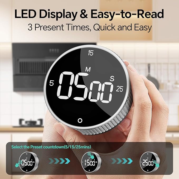 Digital Kitchen Timer with Magnetic, Large LED Display Countdown/Countup Timer, Pomodoro Preset 5/15/25 Mins, Volume & Brightness Adjustable for Cooking Baking Working Studying Silver