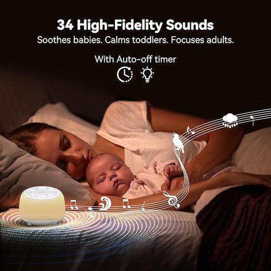 White Noise Sound Machine with 7 Colors Night Light 34 Soothing Sounds, Portable Sound Machine for Baby Adults Kids Sleep with 30 Volume Levels 4 Timers Adjustable Brightness (White)