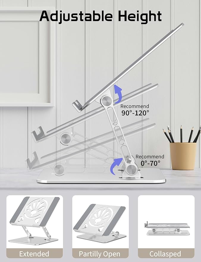 Aluminum Laptop Stand for Desk – Adjustable Ergonomic Laptop Riser, Foldable & Portable Holder Fit for MacBook & 10"-16" Laptops for Office, Home & Travel,Silver