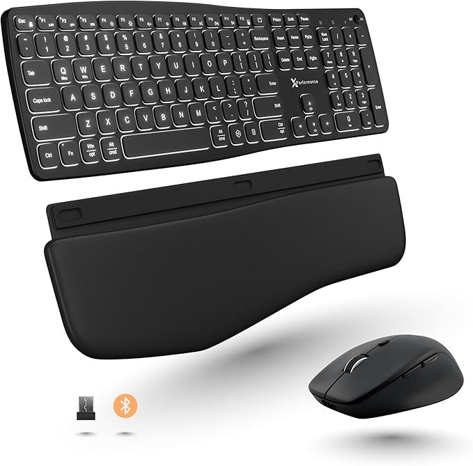 X9 Wave Backlit Wireless Keyboard and Mouse (Bluetooth + 2.4G) Ergonomic Keyboard and Mouse Wireless Combo with Detachable Wrist Rest, Rechargeable, Full-Size Set for Phone, Computer, Laptop, Mac