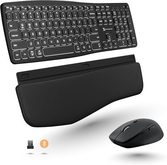 X9 Wave Backlit Wireless Keyboard and Mouse (Bluetooth + 2.4G) Ergonomic Keyboard and Mouse Wireless Combo with Detachable Wrist Rest, Rechargeable, Full-Size Set for Phone, Computer, Laptop, Mac