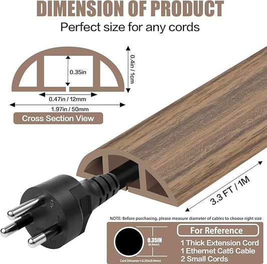 Floor Cord Cover Self Adhesive Cord Hider,3.3FT Cable Management, Extension Strip Protector for Wires, Prevent Cable Trips for Offices, Gyms, Exhibitions Cavity:0.47"(W) x0.35(H) Woodsmokedbrown
