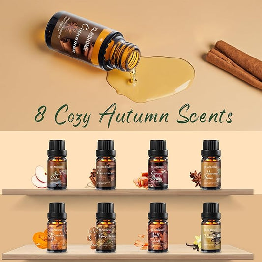 Fall Essential Oils for Diffuser, 8 Pack 0.34 fl oz Autumn Scents with Pumpkin, Cinnamon, Apple & More, Fall Scented Essential Oils Gift Set for Home Fragrance, Relaxation & Fall Gifts