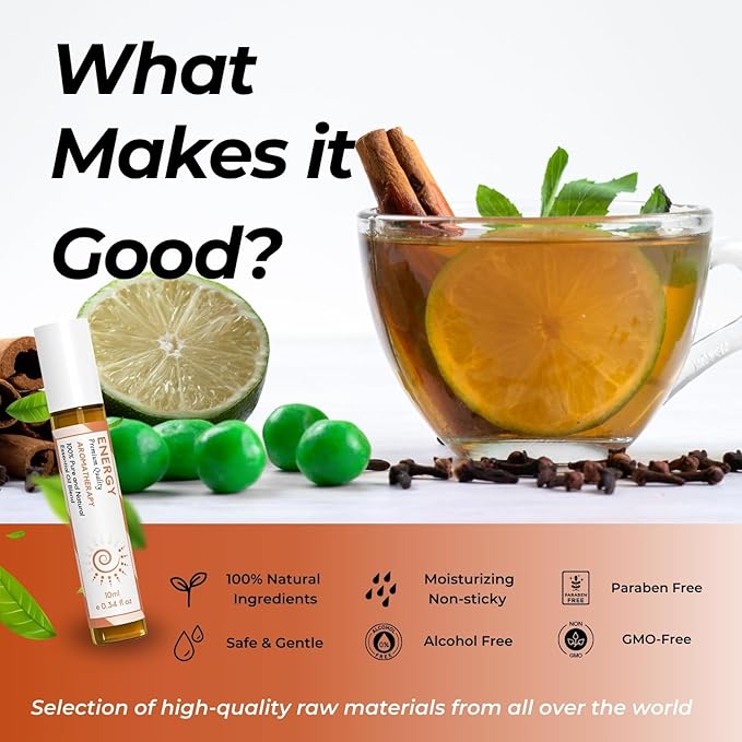 Benatu Energy Essential Oil Roll On Blend (with Clove, Lemon, Grapefruit Oil)- Travel Size Relaxing Roller for Body Topical Massage, Natural Scent Aromatherapy Gift for Women & Men 10ml