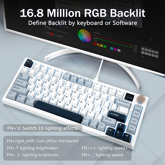 75% Wireless Mechanical Gaming Keyboard, Creamy Sound, Hot Swappable, Pre-lubed Linear Switches, Gasket Structure, Multimedia Display, RGB Backlit, 2.4GHz/USB/BT5.0, Custom Keyboard for Win/Mac