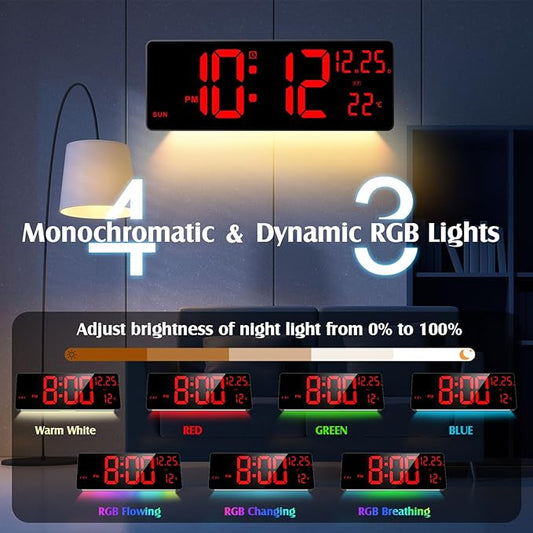 16.5" Large Digital Wall Clock with RGB Night Lights, Auto Dimmer, Remote Control, Date, Indoor Temperature, DST