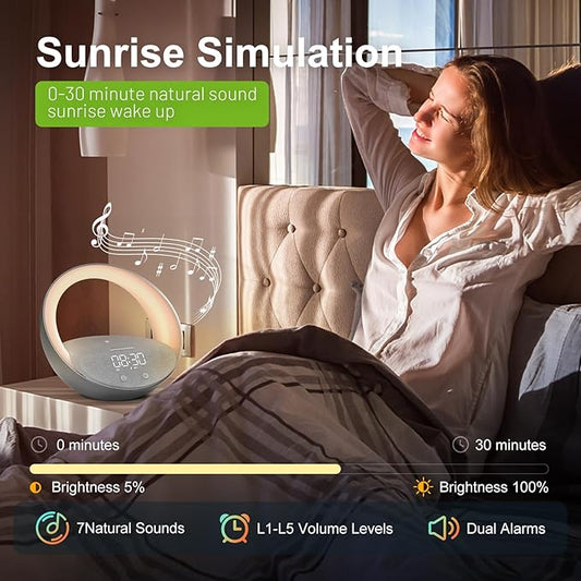 Bluetooth Alarm Clock, Sunrise Simulation Wake Up Night Light, 15W Fast Wireless Charging Alarm Clock for Bedroom, 10W Bluetooth Stereo Sound Speaker, USB Charger Port