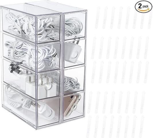 Yesesion 2 Pack Clear Plastic Cord Organizer Drawers, Cable Storage Box with 40pcs of Wire Ties, Large Electronics Management Display Case for Desk Accessories, Office Supplies