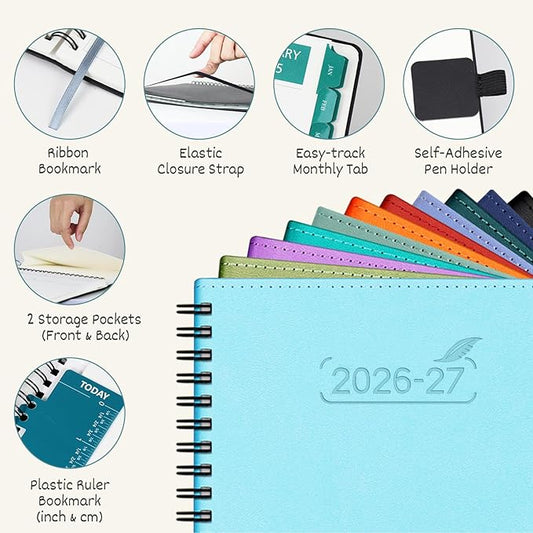 BEZEND Monthly Planner 2026-2027 (Spiral-8.5" x 11") 2 Year Calendar Book with Note Pages - Jan 26 to Dec 27-120 GSM Paper, Inner Pockets, Laminated Tabs, Vegan Leather Softcover - Turquoise