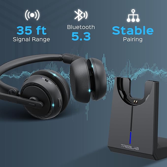 TREBLAB C7-Pro Wireless Bluetooth Headset, 45H Playtime, Bluetooth 5.3, 40mm Drivers, Type-C Fast Charging, IPX4 Waterproof, Wireless Headset with Mic for Work, Home Office, Calls, Laptop, PC