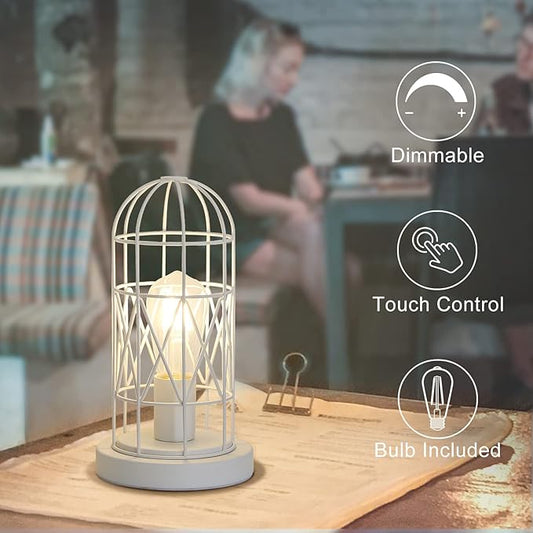 Bedside Touch Lamp, Small Table Lamp for Bedroom Living Room, 3 Way Dimmable Modern Nightstand Lamp, Simple Desk Lamp with White Metal Cage Shade, 2700K LED Bulb Included