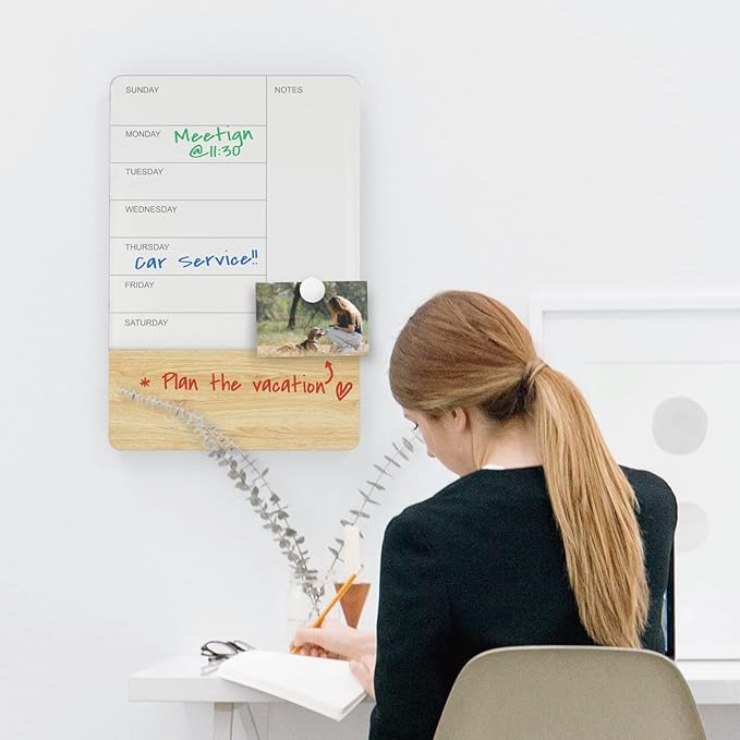 Audio-Visual Direct Wall Mounted Weekly Planner Glass & Wood Dry-Erase Board