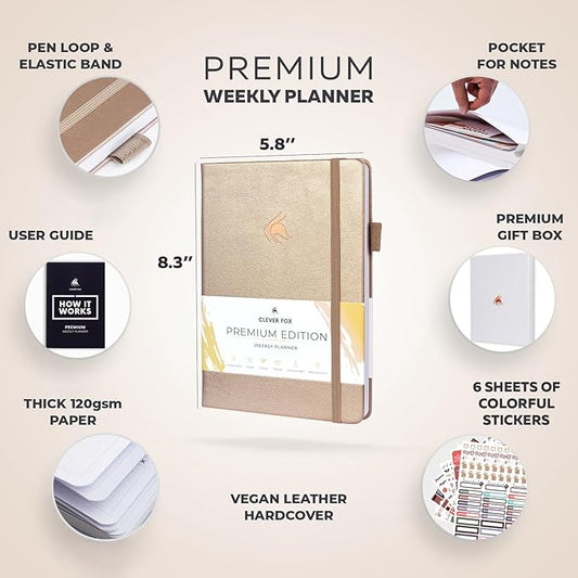 Clever Fox Planner Premium Edition – Undated Luxurious Weekly & Monthly Planner to Increase Productivity and Hit Your Goals – Organizer – Start Anytime, A5, Lasts 1 Year, Pearl (Weekly)