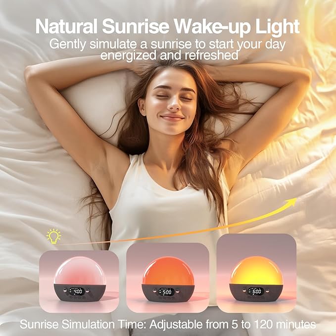 MOMILLA Sunrise Alarm Clock with Bluetooth Speaker, White Noise Sound Machine for Sleep, Wake up Light Alarm Clocks for Bedrooms, Heavy Sleeper, Night Lights Sunset Lamp for Kids Adults