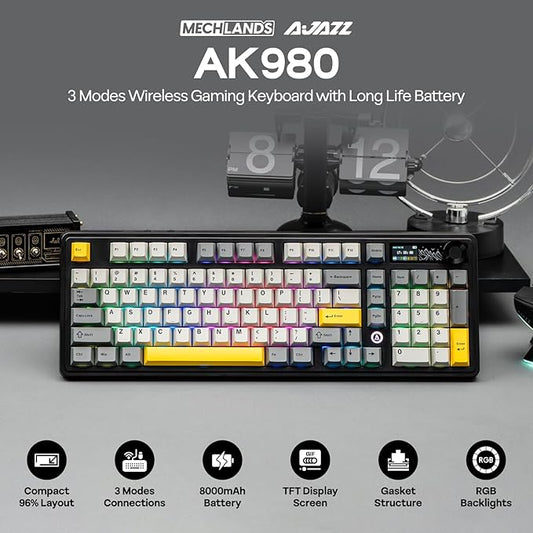 AJAZZ AK980 96% USB-C/BT5.0/2.4GHz Wireless Gaming Keyboard with 1.14’’ TFT Screen, Hot Swappable Creamy Mechanical Keyboard with FR4 Plate, Knob, RGB for Win/Mac (Black, Gift V2 Switch)