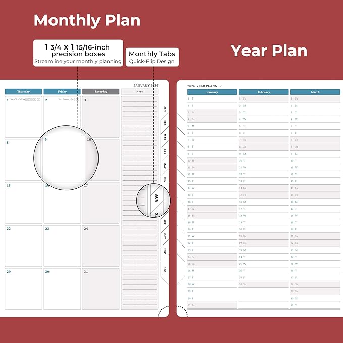 Weekly Monthly 2026 Planner (Jan.26-Dec.26),11.5"x8.5",12 Months Agenda Plan with Month Tabs & Pocket,Expenses/Note Pages, Appointment Book Calendar with Hardcover Vegan Leather Cover,Red