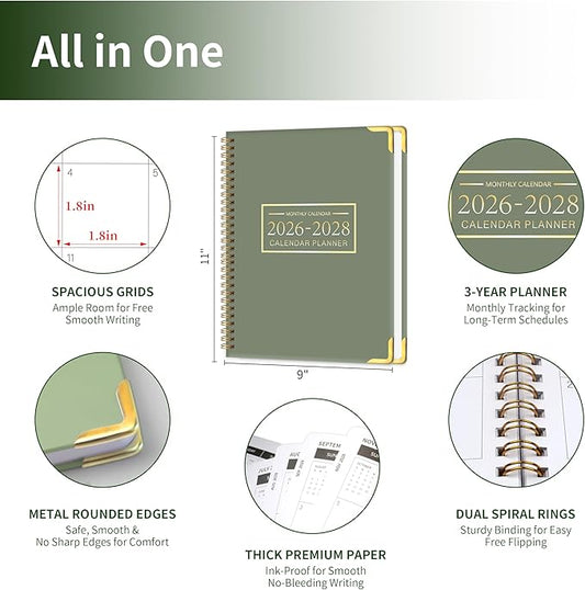 Monthly Planner 2026-2028 Hard Cover with Metal Corner 3 Year Calendar 2026-2027-2028 Monthly Calendar Planner 36 Months from Jan 2026-Dec 2028,Large Size 8.5 x 11 Gradient Black for School, Office, Home Planning