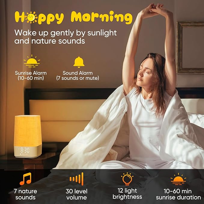 Sound Machine White Noise Machine with 30 Soothing Sounds, Sleep Timer, Dimmable Bedside Lamp Night Light Clock, Sunrise Alarm Clock Wake Up Light for Bedrooms, Baby, Kids, Adults, Heavy Sleepers