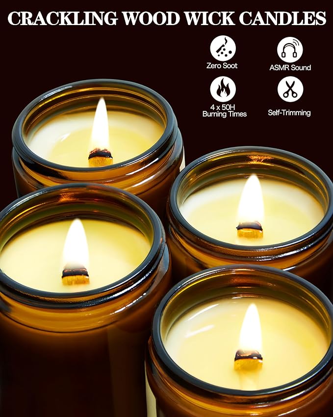 28oz Wood Wick Candles That Crackle: 4 Pack Scented Candles for Home Scented, Aromatherapy Candle Set with Crackling Wooden Wick Up to 200H Burning Candle Gift Set for Birthday Thanksgiving Christmas