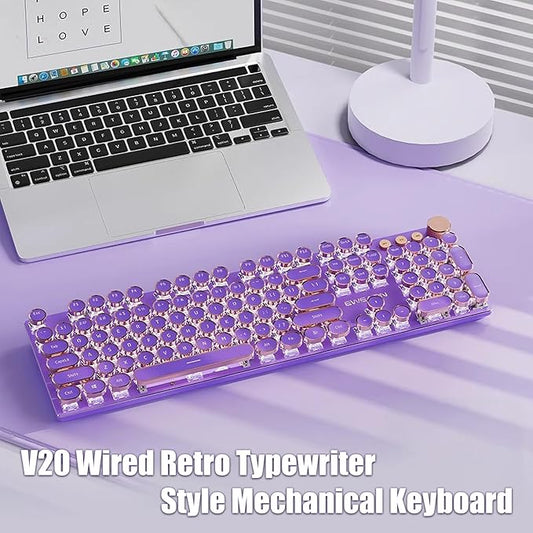 Typewriter Style Mechanical Gaming Keyboard White LED Backlit 104-Key NKRO Pink Switches Retro Round Keycaps Golden Ring Volume Knob Metal Panel Wired USB-C Detachable Cable, Purple