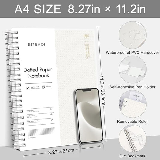 EMSHOI A4 Spiral Notebook Bullet Dotted journal, Dotted Grid Notebook with 300 Pages, 100gsm Thick Paper, Waterproof Softcover Notebook for School Work Writing, 8.27" × 11.2" - Transparent