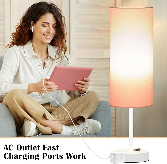 ZJOJO Table Lamp for Bedroom 2 Pack,18in Bedside Lamps with 3 Way Dimmable Rocker Switch & AC Outlet,Nightstand Desk Lamp with Pink Fabric Shade White Base for Living Room Home Decor Lights