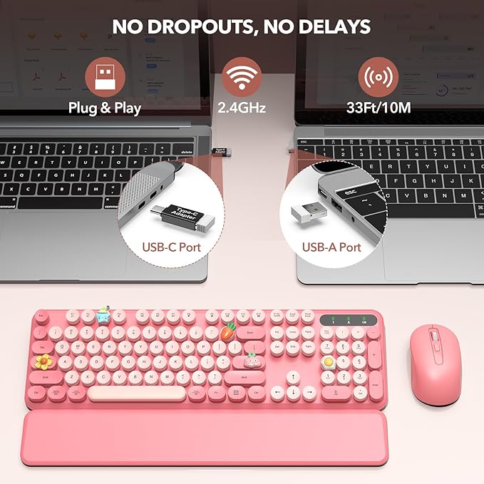 Wireless Keyboard and Mouse Combo - Retro Keyboard with Round Keycaps, Full-Size Typewriter Keyboard with Detachable Wrist Rest, 2.4GHz Connection for Mac/Windows/PC (Baby Pink)