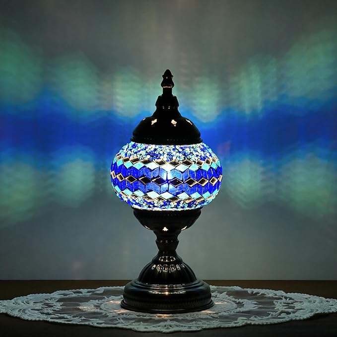Turkish Moroccan Table Lamp Lantern with Handmade Mosaic Glass Lampshade Tiffany Style Bohemian Stained Glass Decorative Desk Lamps Bedside Night Lights for Bedroom (Multiple Blues)