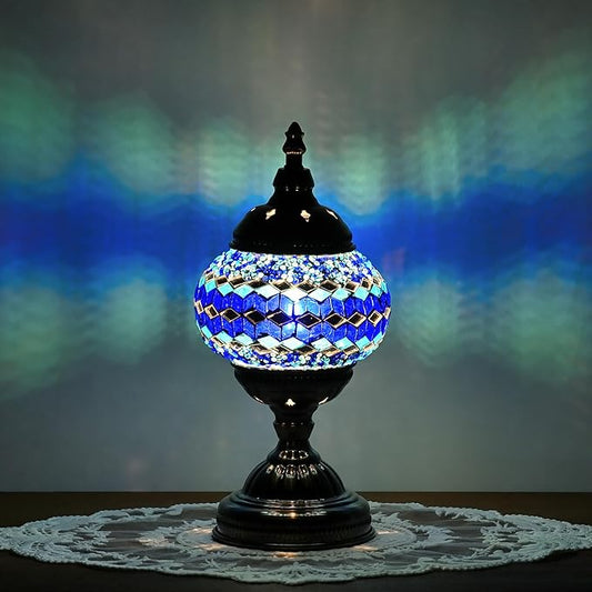 Turkish Moroccan Table Lamp Lantern with Handmade Mosaic Glass Lampshade Tiffany Style Bohemian Stained Glass Decorative Desk Lamps Bedside Night Lights for Bedroom (Multiple Blues)