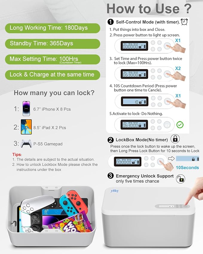 ySky Phone Lock Box with Timer,Safe Timed Lock Box Unplug from Phones,Video Games,Social Media,Snacks&Cravings,Self-Control Lock Storage Box for Medicine, Phone Locker Time Locking Box for Kids