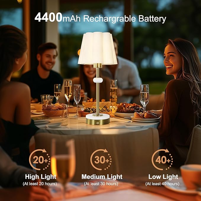 Cordless Lamp,Night Light, 4400mAh Battery Operated Lamp, Lamps for Living Room with Linen Shade, Touch Lamps for Night Stands with Marble Base, Gold Desk Lamp for Bedroom(Bulb Included)