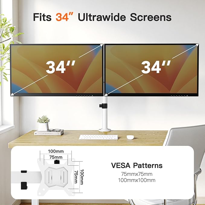 ErGear Dual Monitor Desk Mount for 13″–34″ Monitors up to 26.5 lbs, Fully Adjustable Monitor Stand Holds 2 Computer Screens, Heavy-Duty Dual Monitor Arm with C-Clamp & Grommet Base, White, EGCM13W