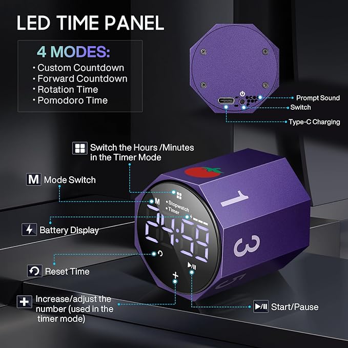 Digital Pomodoro Timer,Frosted Metal Productivity Cube Timer,1.8 in LED Digital Large Screen,Auto-Rotating Display,1/3/5/10/25/30/60min & Custom Time, Silent & Alarm,for Office, Study, Work(Purple)