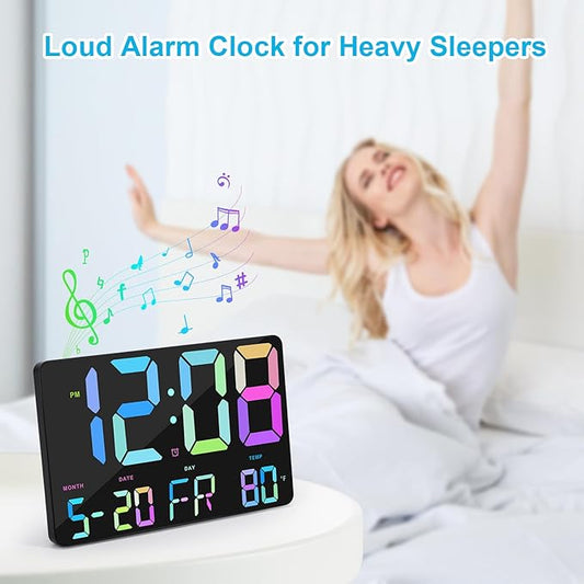 Amgico Digital Alarm Clock with Snooze, Temperature, Auto Dimming, 11.5" Large Display Calendar, Desk/Wall Clock for Bedroom, Living Room, Office, Home, Classroom, Kids, Elderly - Rainbow