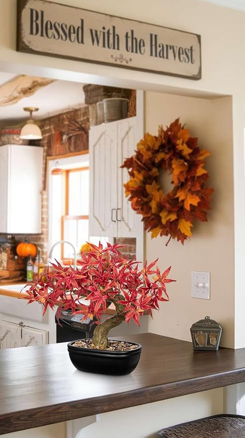 Artificial Maple Bonsai Tree, Mini Japanese Bonsai Plant in Ceramic Pot, Faux Potted Maple Desk Ornament, Indoor Tabletop Home Office Decor, Zen Garden Decoration