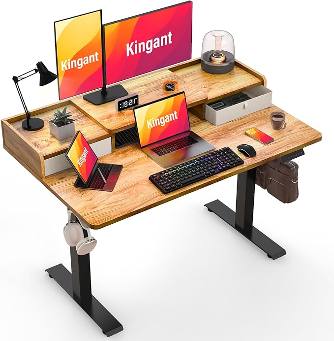 Kingant 48" x 30" Standing Desk with Drawers, Large Desktop, Ergonomic Sit Stand Desk for Home Office Work, Cable Management, 3 Preset Heights & 2 Hooks, Light Rustic