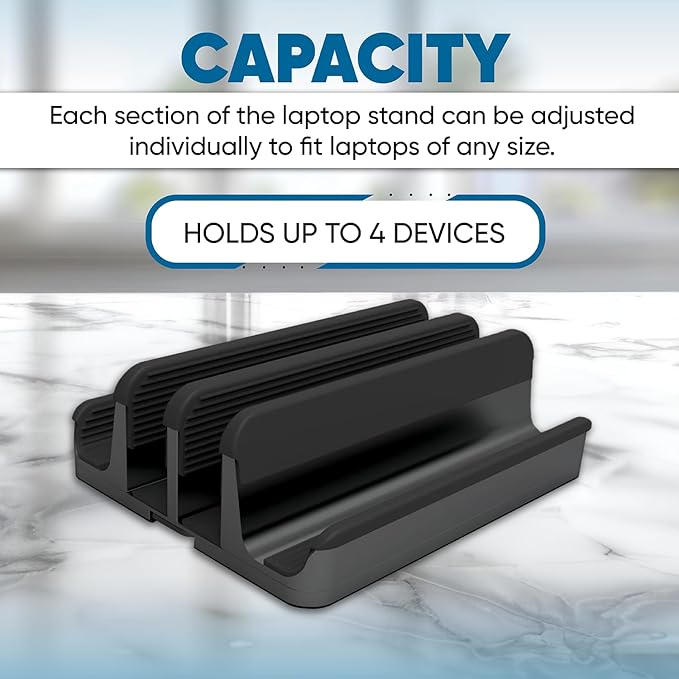Elestoria 4 Device Vertical Laptop Stand – Adjustable Desktop Dock for MacBook, Dell, HP, Lenovo, iPad, Tablets & Phones – Multiple Slot Holder (Fits Up to 17.3") – Black