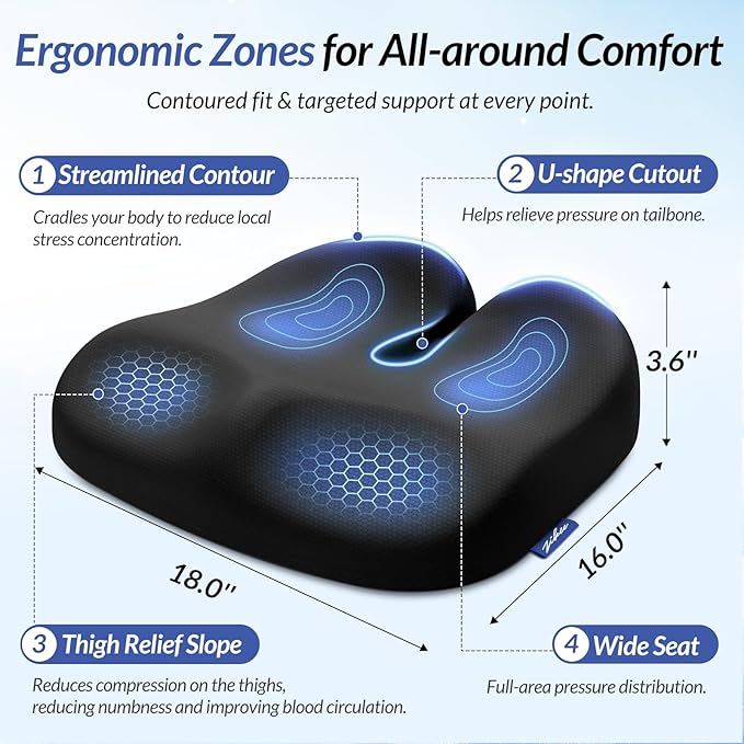 ZIKEE Ergonomic Seat Cushion with Thigh Relief Slope, Office Chair Cushion with Premium Memory Foam for Car, Home, U-Shaped Design Alleviates Hip, Tailbone Pain, Anti-Slip Sciatica Pain Relief Pillow