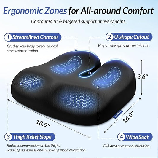 ZIKEE Ergonomic Seat Cushion with Thigh Relief Slope, Office Chair Cushion with Premium Memory Foam for Car, Home, U-Shaped Design Alleviates Hip, Tailbone Pain, Anti-Slip Sciatica Pain Relief Pillow