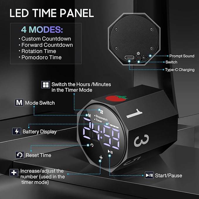 Digital Pomodoro Timer,Frosted Metal Productivity Cube Timer,1.8 In LED Digital Large Screen and Auto-rotating Display,1/3/5/10/25/30/60min & Custom Time, Silent & Alarm,for Office, Study, Work(Black)