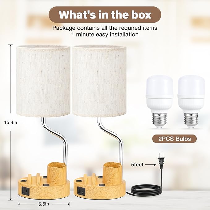Bedside Table Lamps for Bedroom Set of 2 - Nightstand Light with AC Outlet and USB A & C for Charging, 3 Color Temperatures Wood Desk Lamp with Pen Holder & Phone Stand for Living Room/Dorm/Office