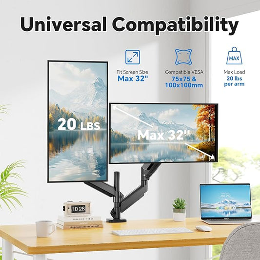 Simple Trending Dual Monitor Stand, Monitor Arm, Computer Stand, Adjustable Stand for 2 Monitors Holds up to 20 lbs, Vesa Mount for 17-32 inch Computer Screens, Black