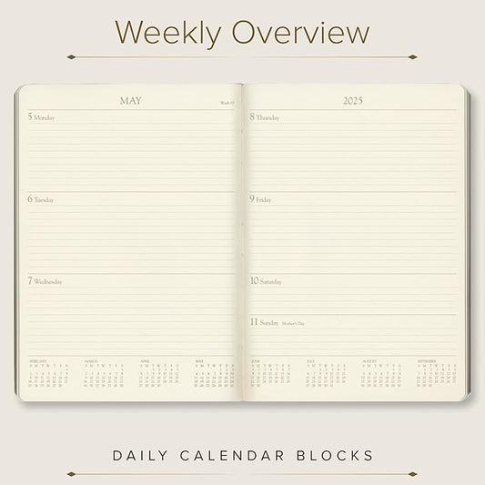 Gallery Leather Desk Weekly Monthly Planner 2025, Elegantly Bound Calendar Planner and Notebook with Stylish Gold-Gilded Page Edges, 12 Months - Freeport Metallic Rose Gold - 8 x 5.5 "