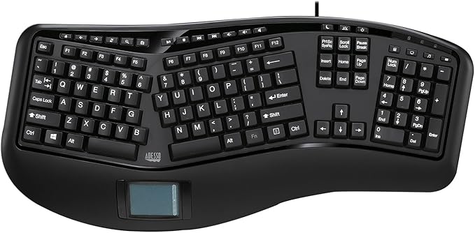 Adesso AKB-450UB - Ergonomic Keyboard with Built-in Touchpad, Wired, Multimedia Hotkeys, Split Keys Design, Built-in Palm Rest for Comfort - Compatible for PC & Windows XP/7/8/10