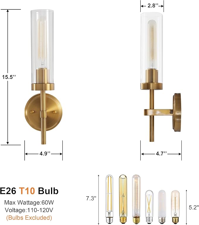 Wall Sconces Set of Two,Brass Gold Bathroom Sconces Wall Lighting with Clear Glass, Modern Sconces Wall Decor Set of 2 Wall Light fixtures for Bathroom Mirror Living Room Hallway Bedroom Wall Lamp